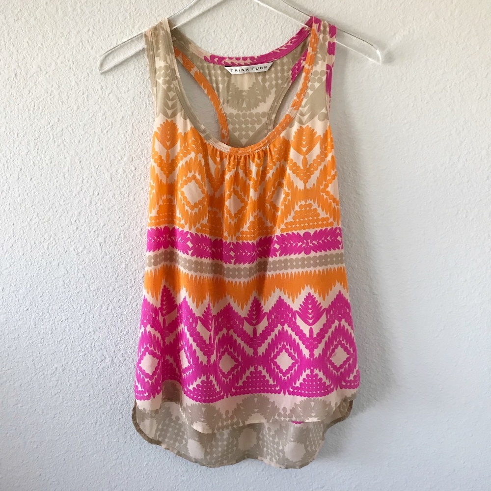 Trina Turk Silk Colorful Abstract Print Tank L Pink Orange Sleeveless Racerback